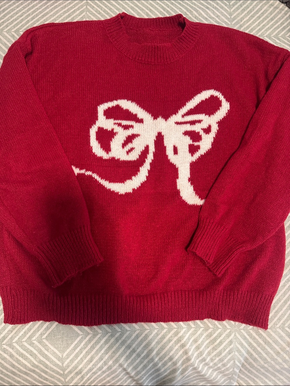 Red Bow Intarsia Crewneck Sweater